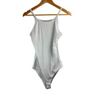 Pink Lily Ribbed High Neck White Tank Bodysuit Sz M Comfy Minimalist Casual Chic